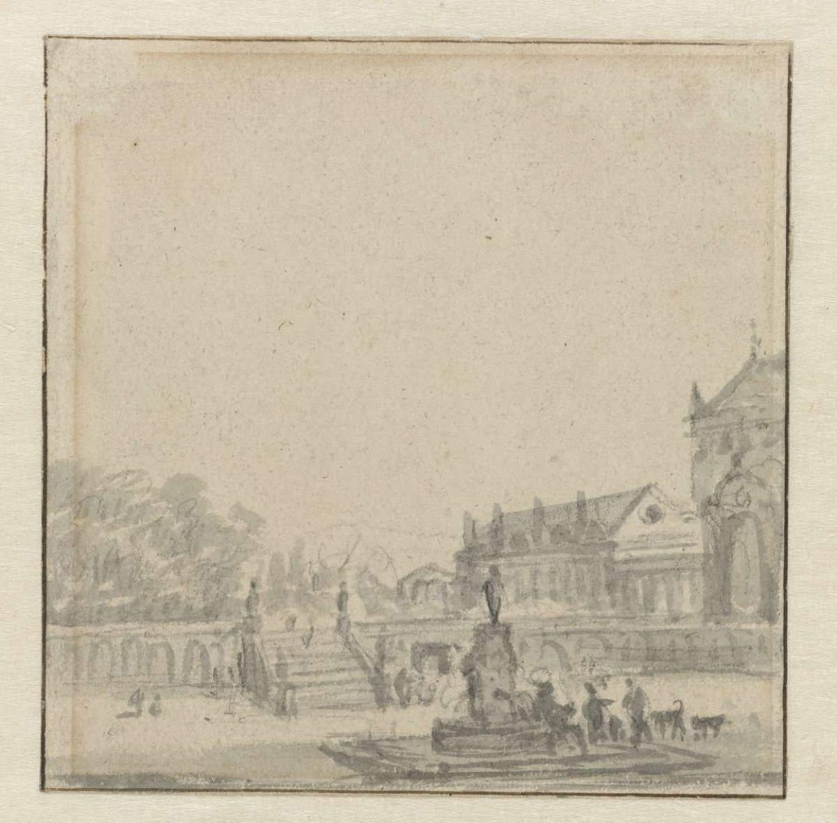 Courtyard of a palace with a fountain, Adriaen van de Velde, 1646 - 1672