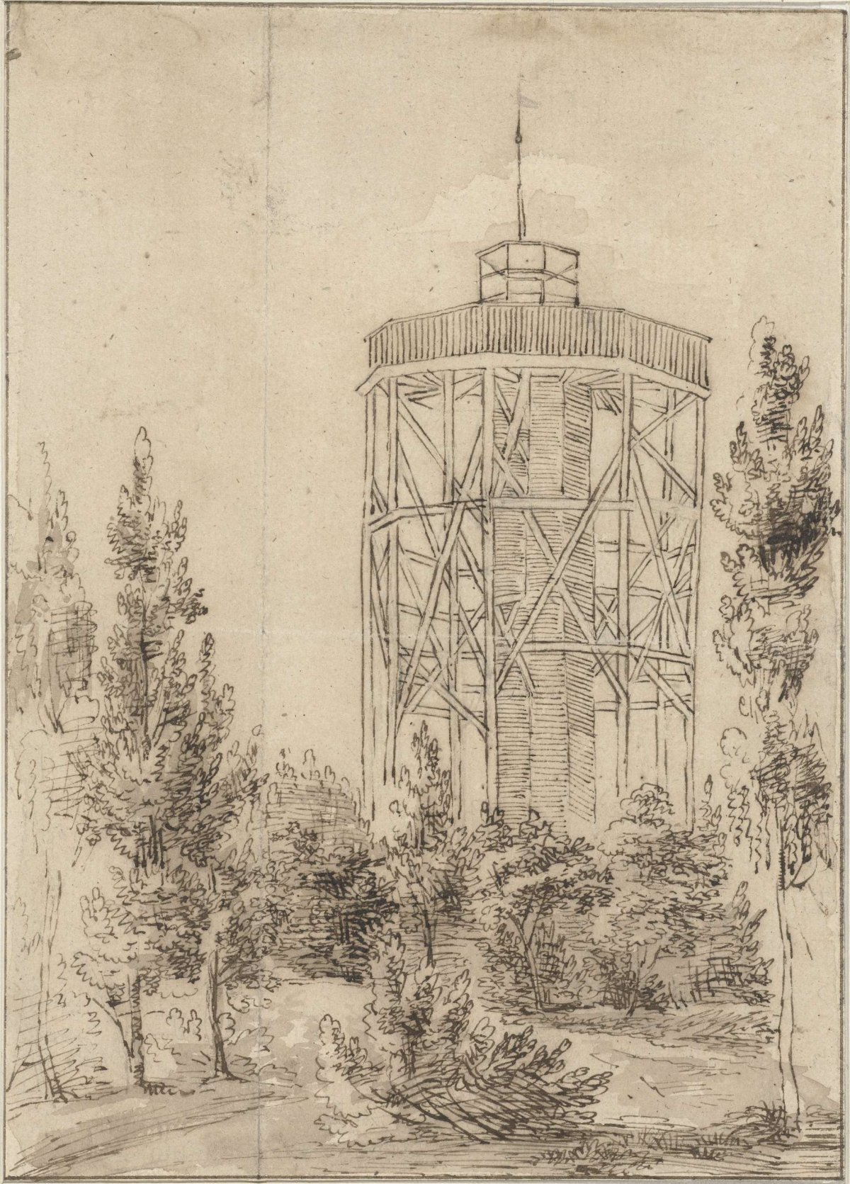 An observation tower in a forest, anonymous, 1700 - 1800