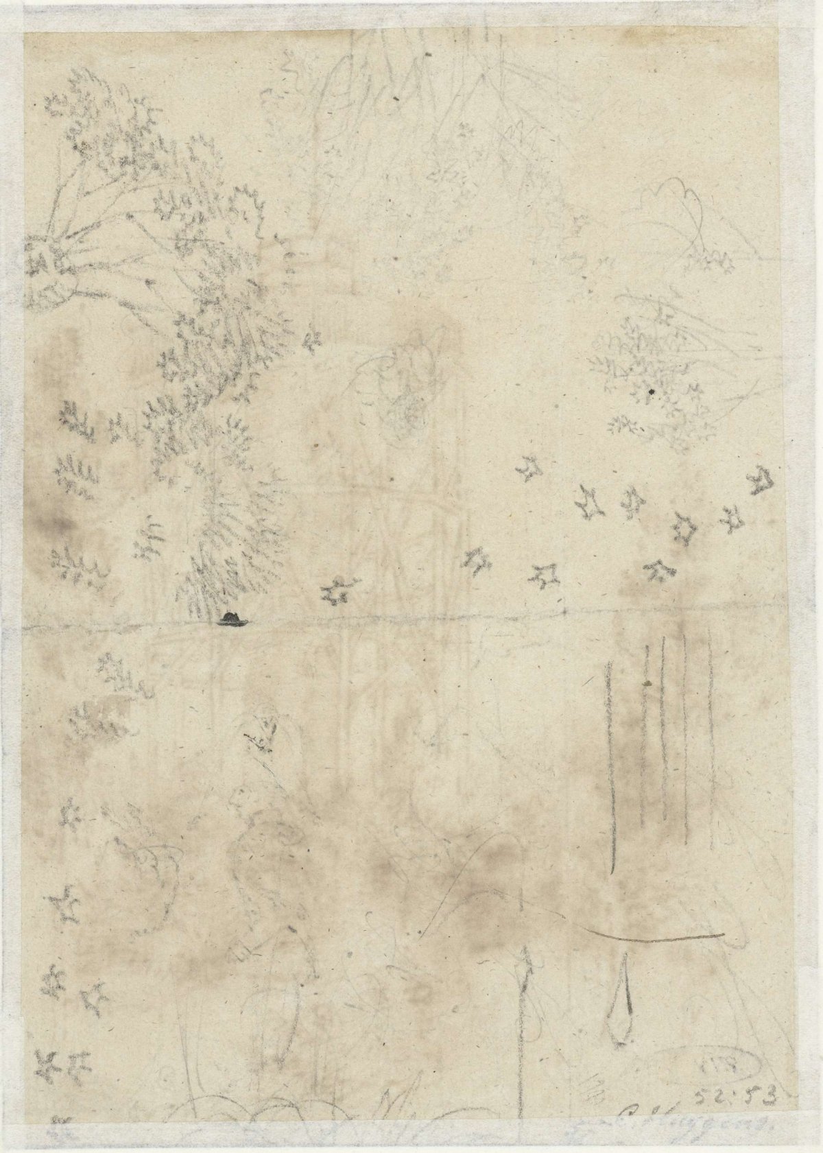 Sketch sheet with trees and stars, anonymous, 1700 - 1800