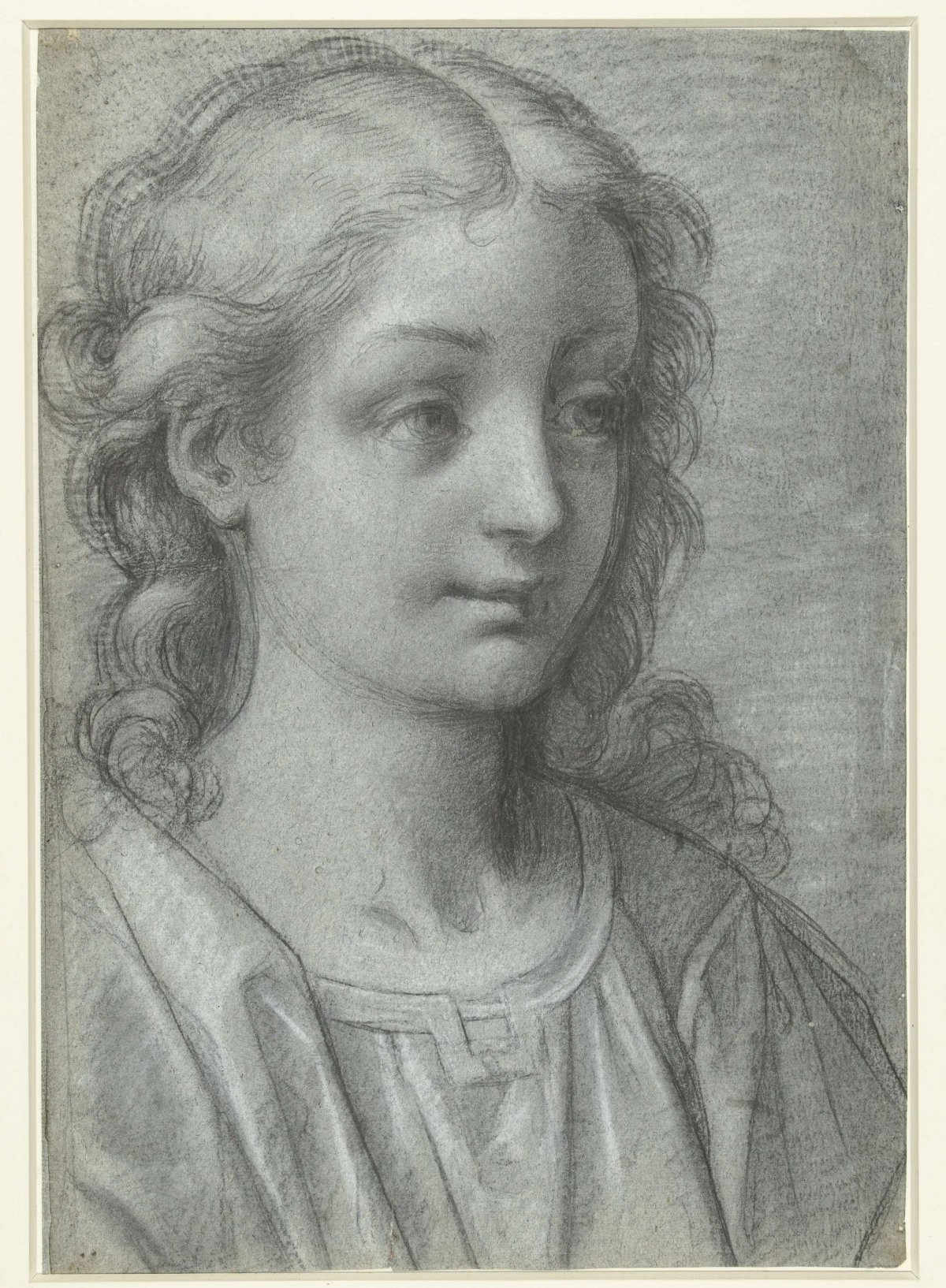 Head of a young girl with curly hair and halo wreath, anonymous, c. 1600