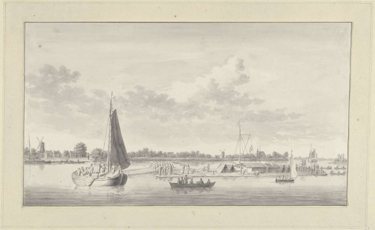 Large raft and several ships on the Merwede near the house de Merwe near Dordrecht, Ary van Wanum, 1775