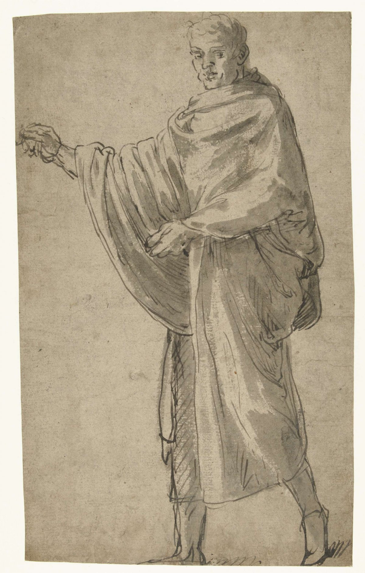 Standing man in gown, facing left with right arm raised, Lambert Lombard, 1516 - 1566