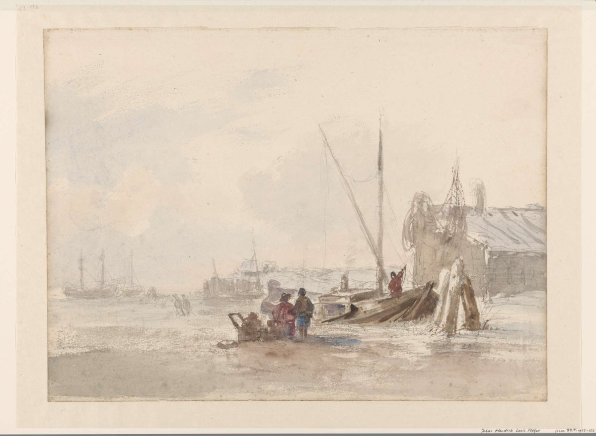 Beach scene with fishermen near a boat in the foreground, Louis Meijer, 1819 - 1866