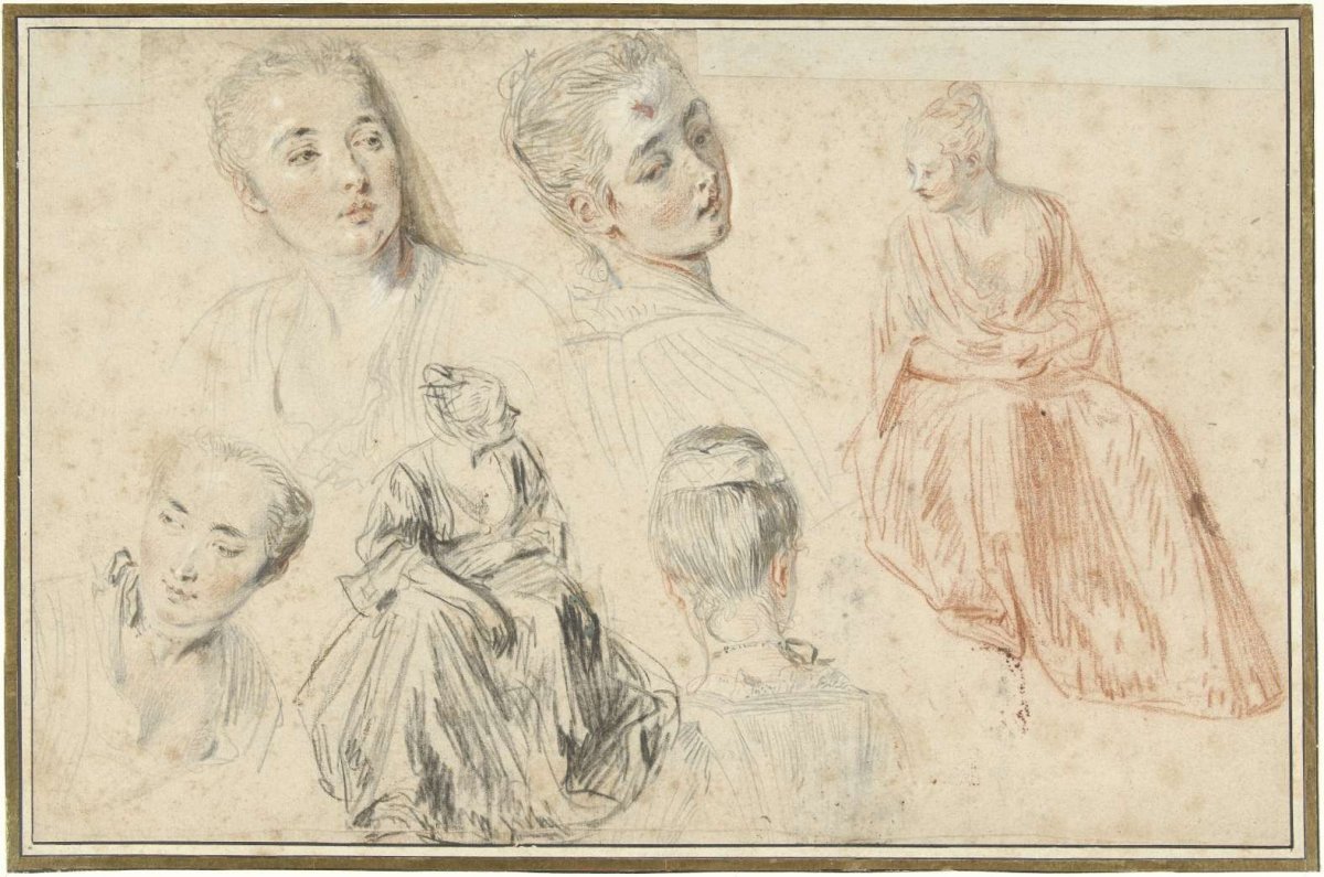 Four Studies of a Woman's Head and Two of a Seated Woman, Jean Antoine Watteau, 1705 - 1721