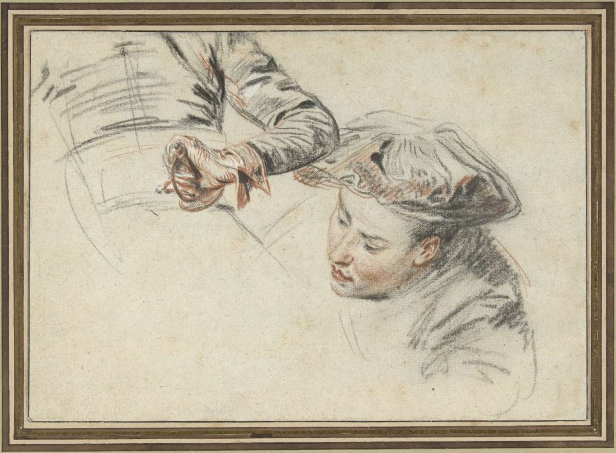 Man's head with beret and a hand on a hilt, Jean Antoine Watteau, 1717 - 1719
