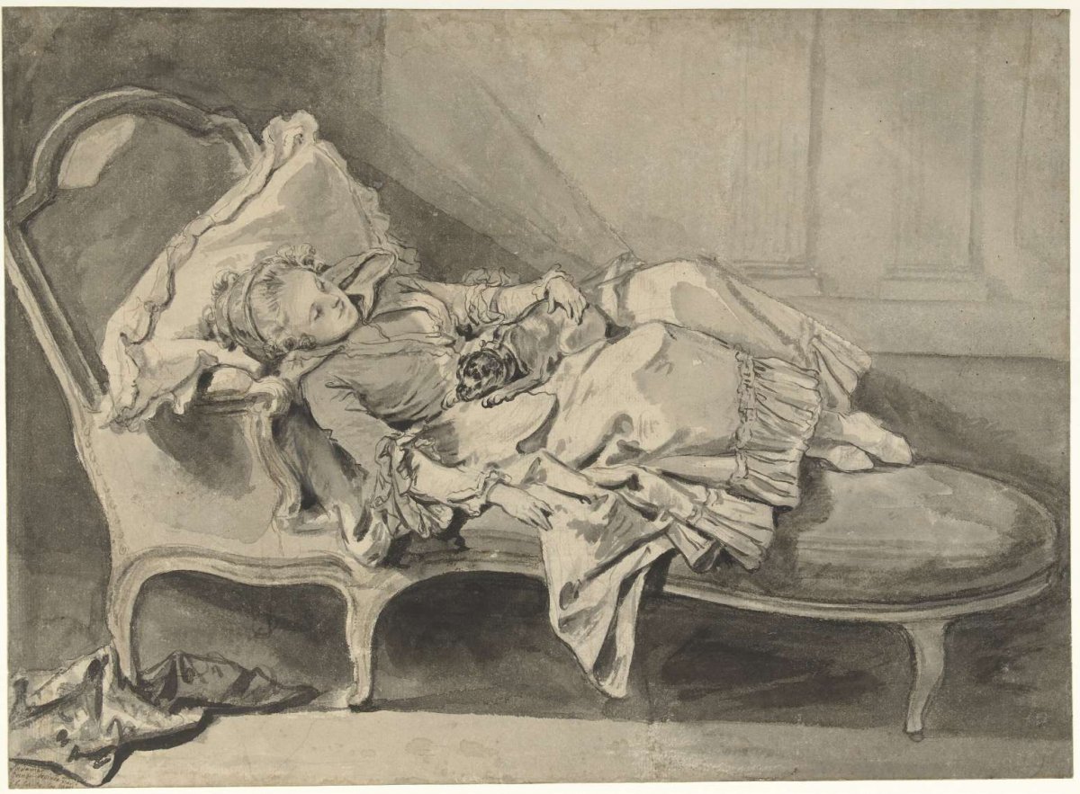 Madame Greuze on a chaise-longue with her little dog, Jean-Baptiste Greuze, 1757 - 1760