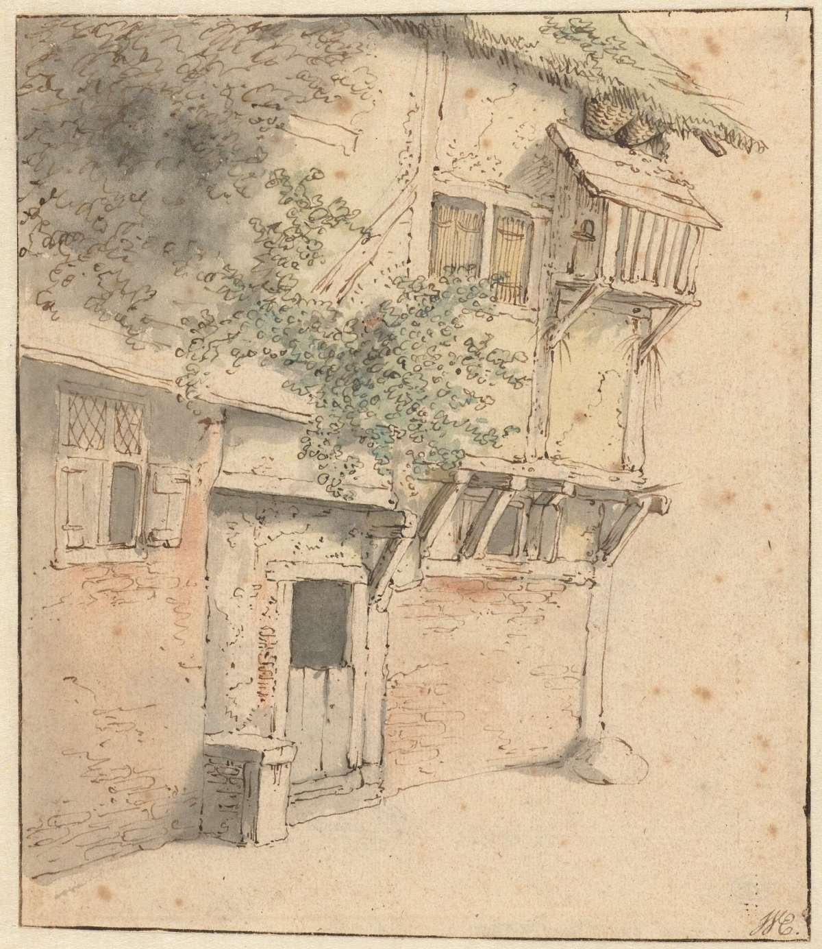 Gable of an overgrown house, Adriaen van Ostade, 1645 - 1655