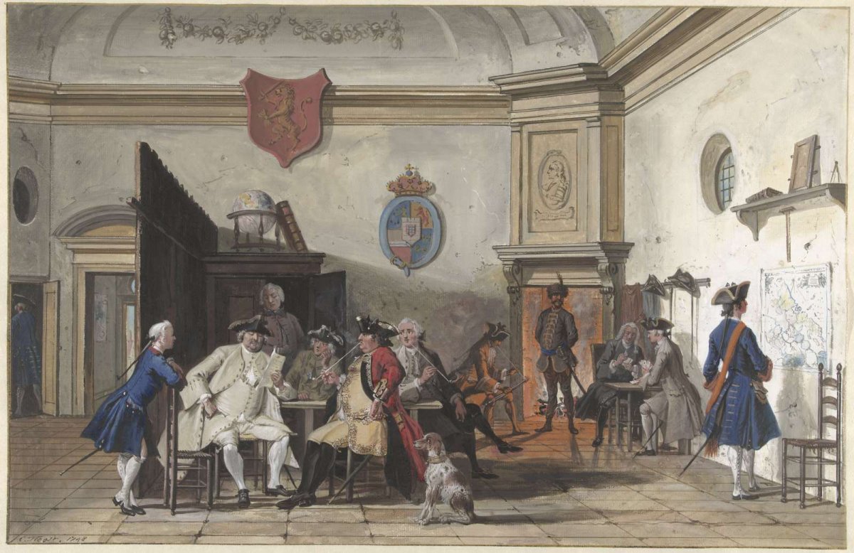 Guardroom with officers reading, smoking and playing cards, Cornelis Troost, 1748