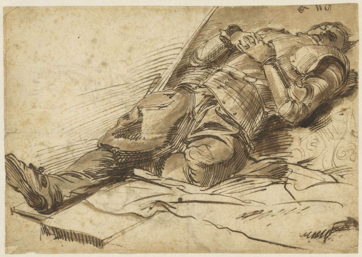 Reclining warrior in armor, with folded hands, anonymous, 1600 - 1699