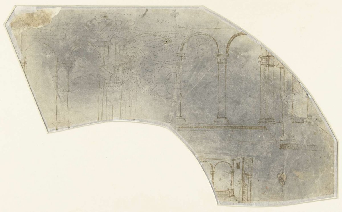 Fragment of a sketch sheet with designs of interiors and architectural study, anonymous, 1500 - 1520