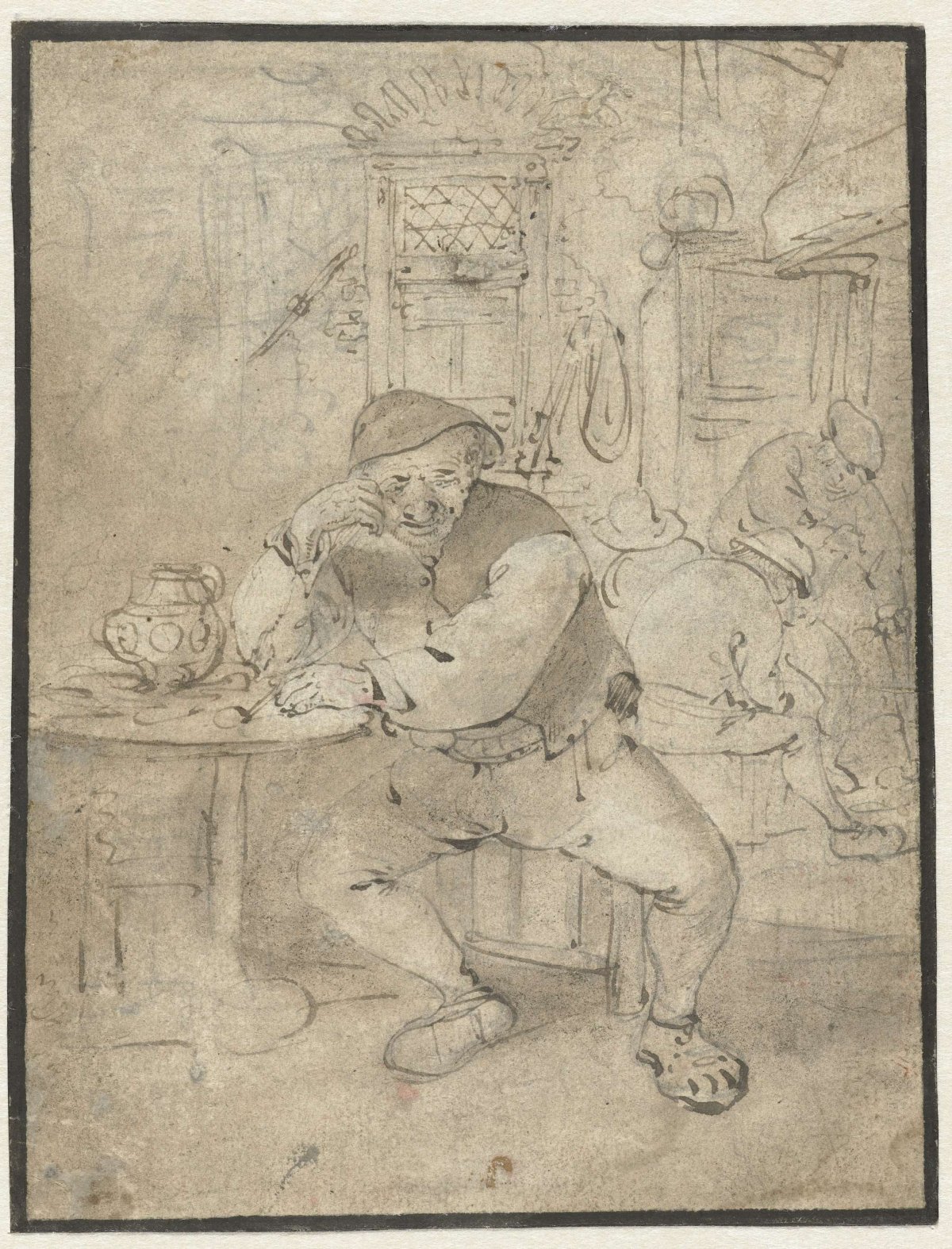 Seated peasant, leaning on a small table, Isaac van Ostade, 1644 - 1649