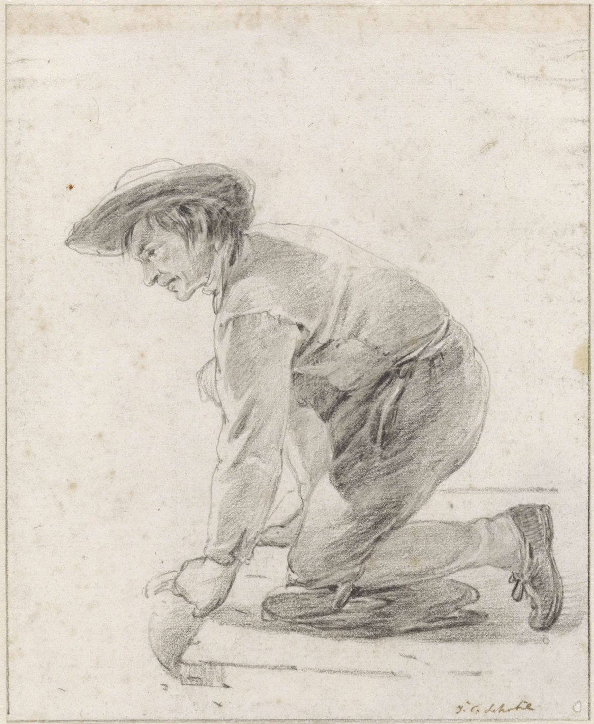 Kneeling man with hat, draining water into a jug, Johannes Christiaan Schotel, 1797 - 1838