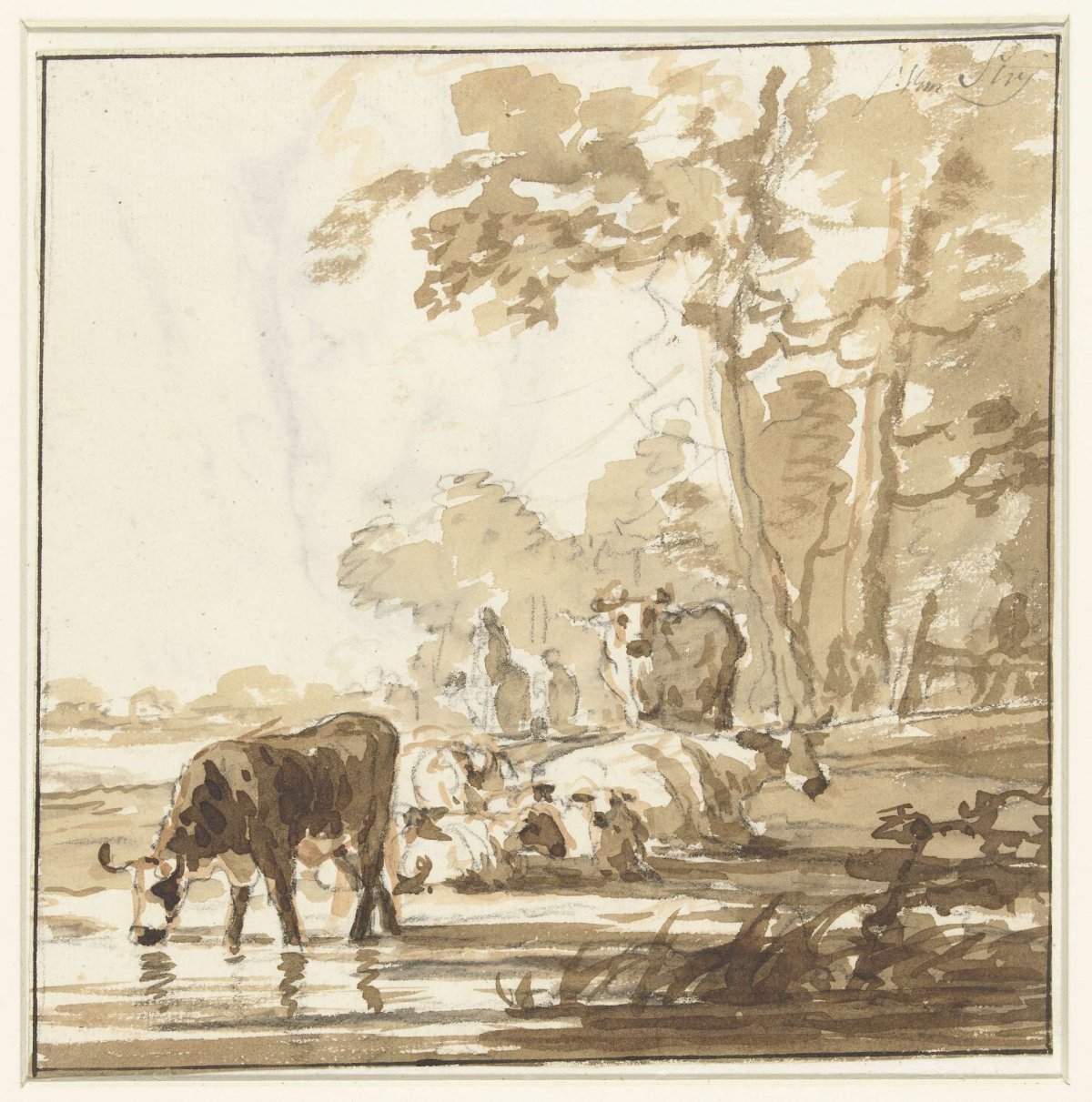 Resting cattle at a forest edge near a pool, Jacob van Strij, 1766 - 1815