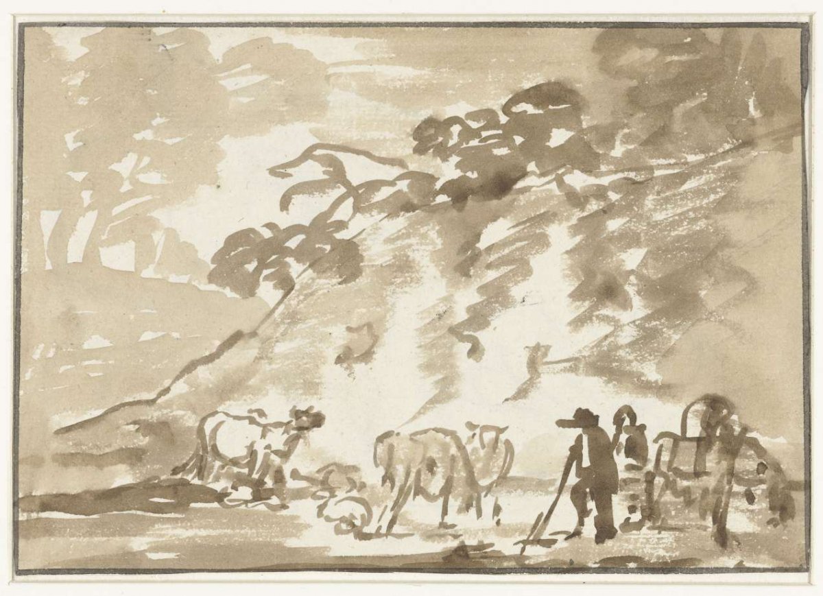 Landscape with cows and a shepherd, Jacob van Strij, 1766 - 1815