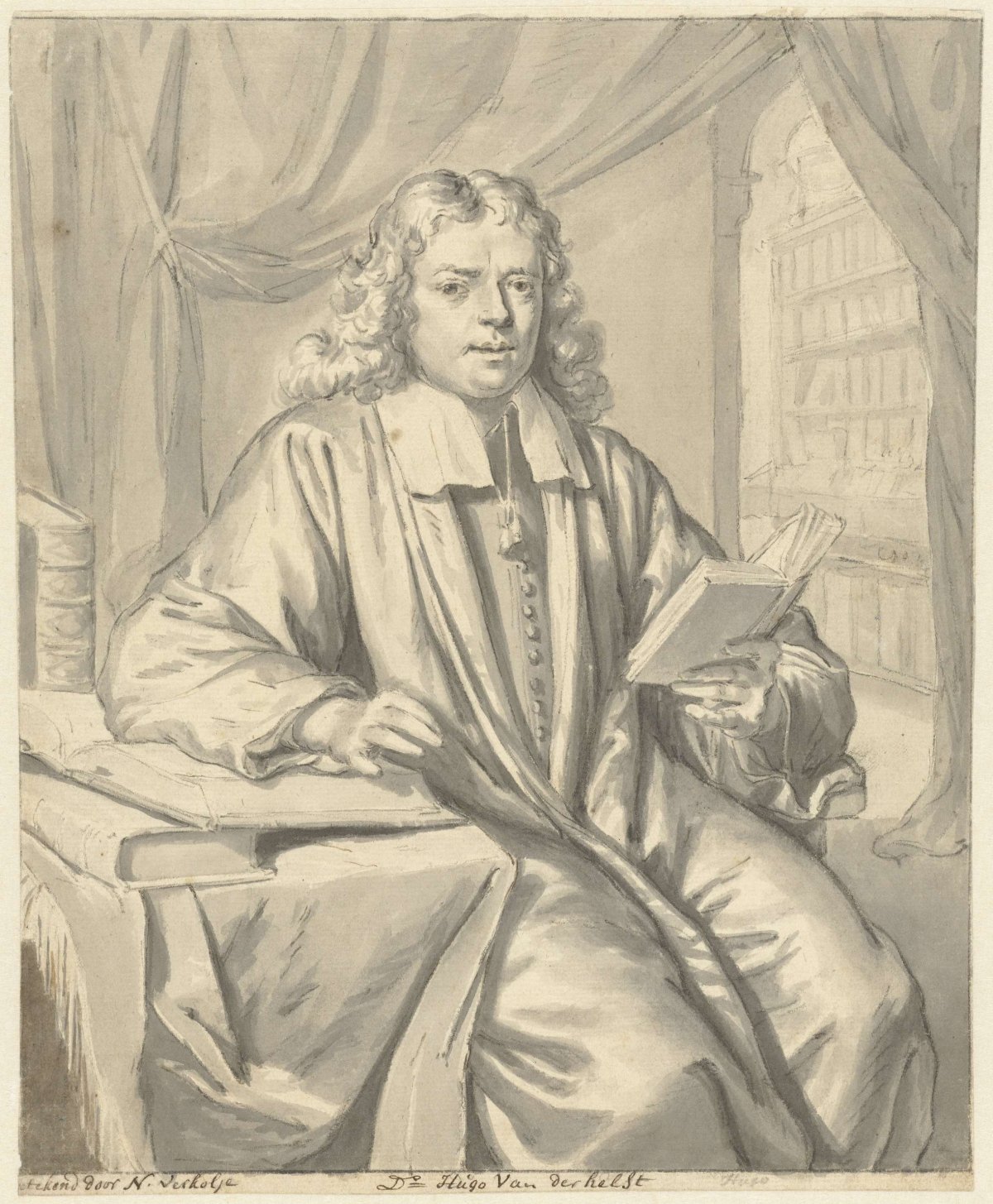 Portrait of Dr. Hugo van der Helst in a study room, Nicolaas Verkolje, 1683 - 1746