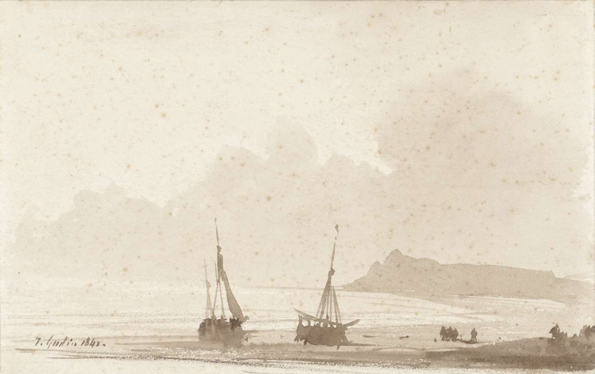 Seacoast with ships on the beach, Théodore Gudin, 1841
