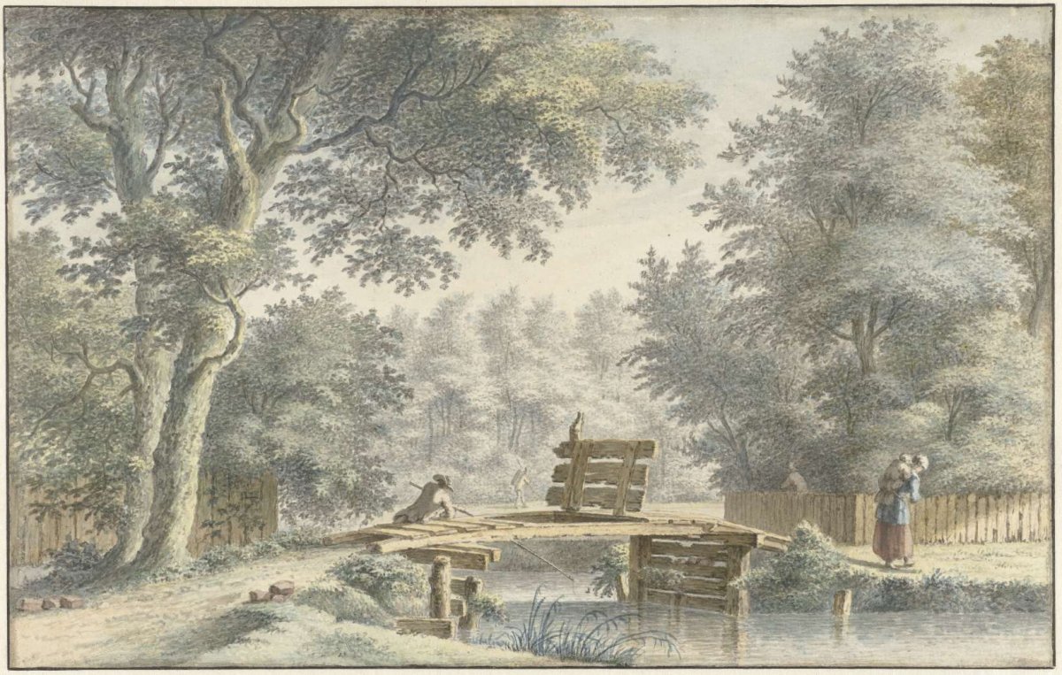 Landscape with a bridge on which an angler is standing, Gerard van Rossum (1698/99-1772), 1763