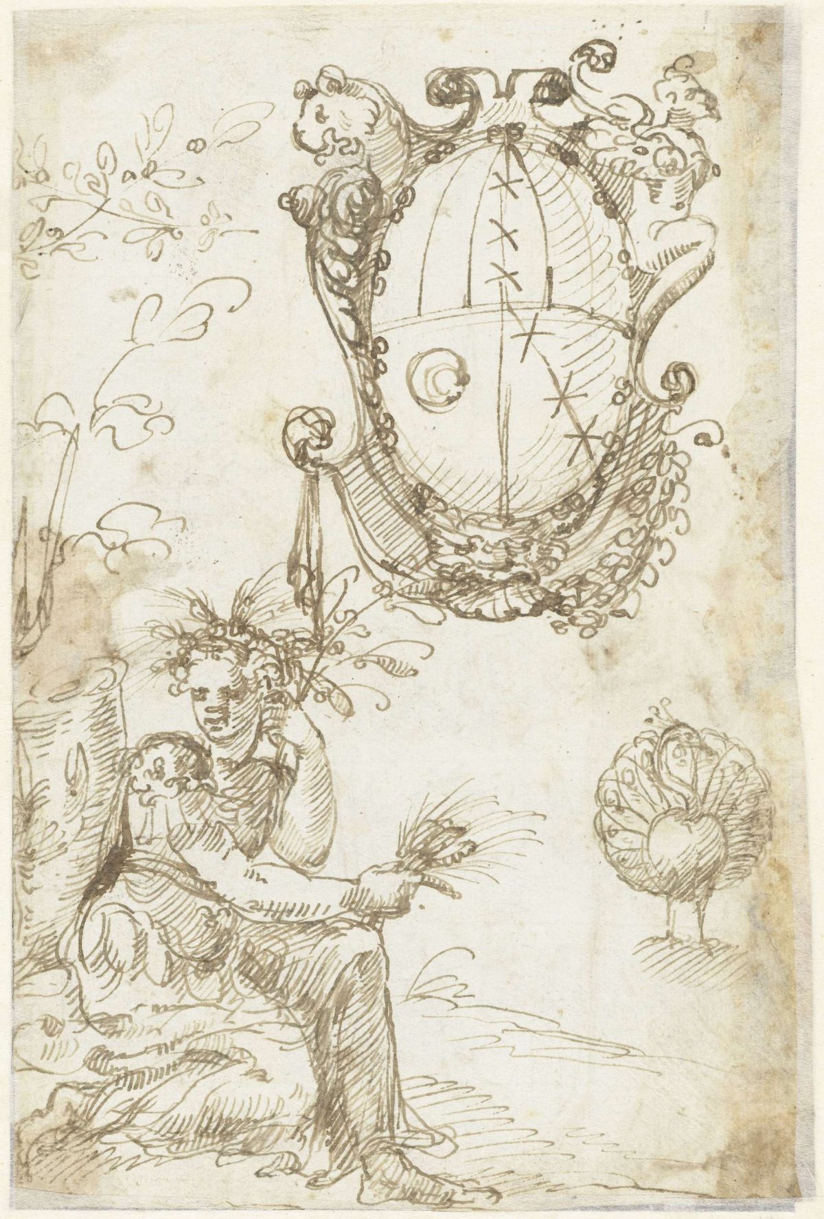 Woman with ears of corn, a showy peacock and a family crest in cartouche, anonymous, 1520 - 1550