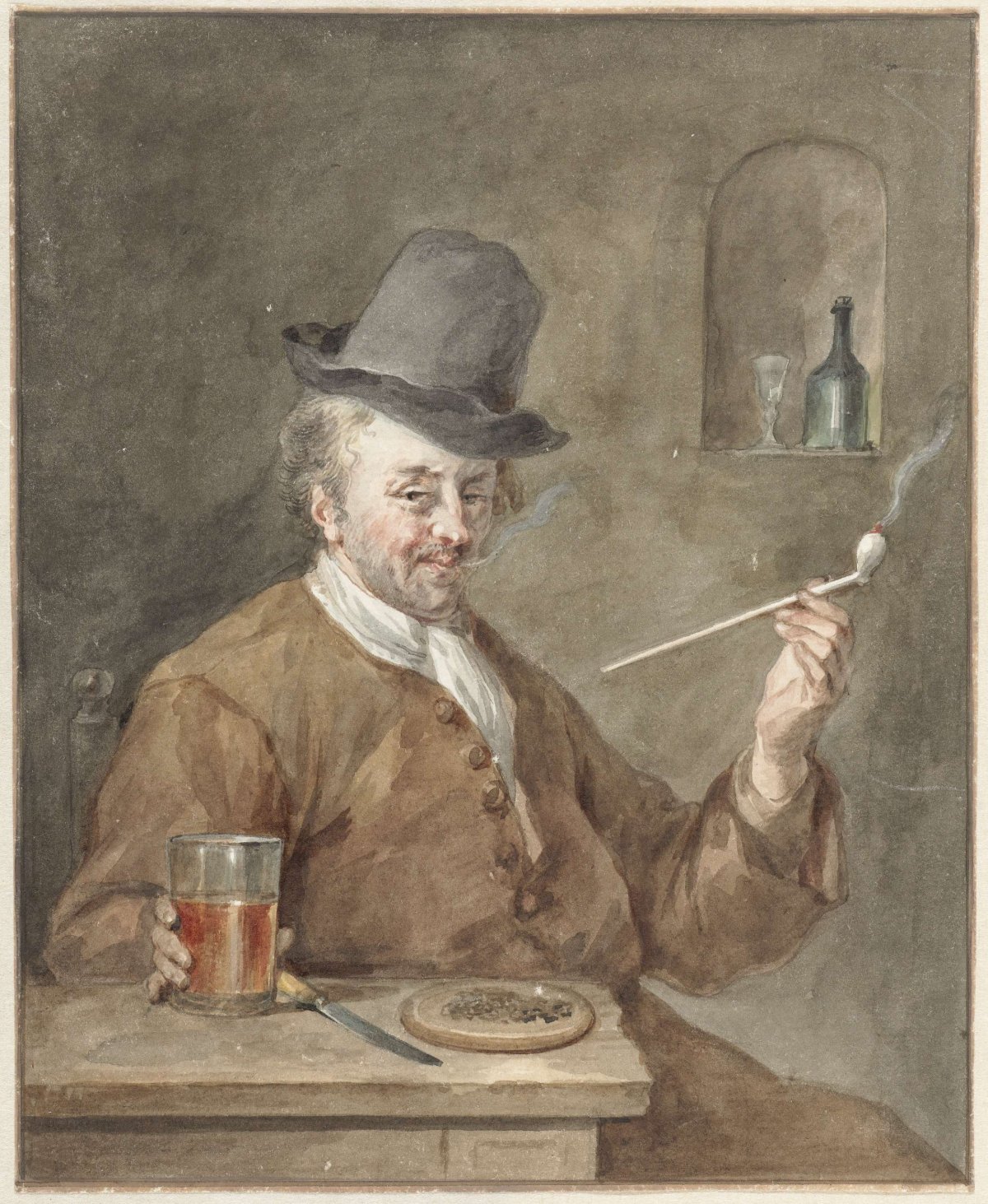 Pipe-smoking man at a table with a plate, a knife and a glass, Aert Schouman, 1778