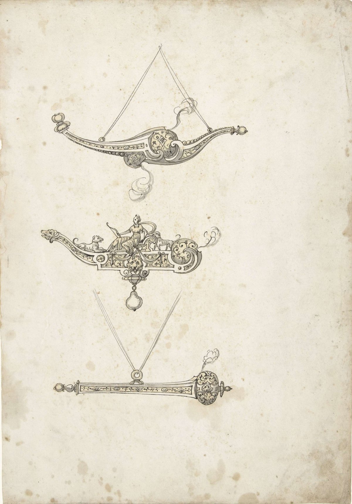 Three designs for pendants in the shape of pipes, Erasmus Hornick, c. 1560 - c. 1570