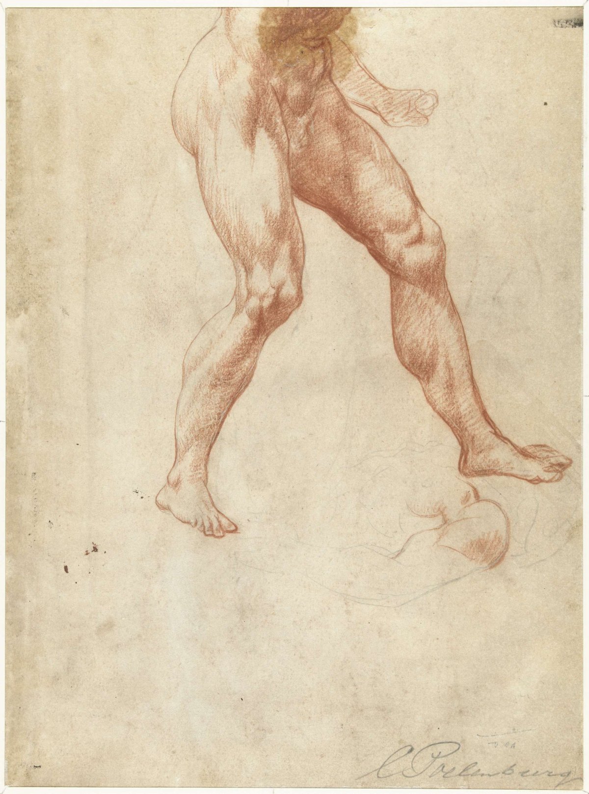 Study of the lower body of a walking male nude, Cornelis van Poelenburch, 1622 - 1624