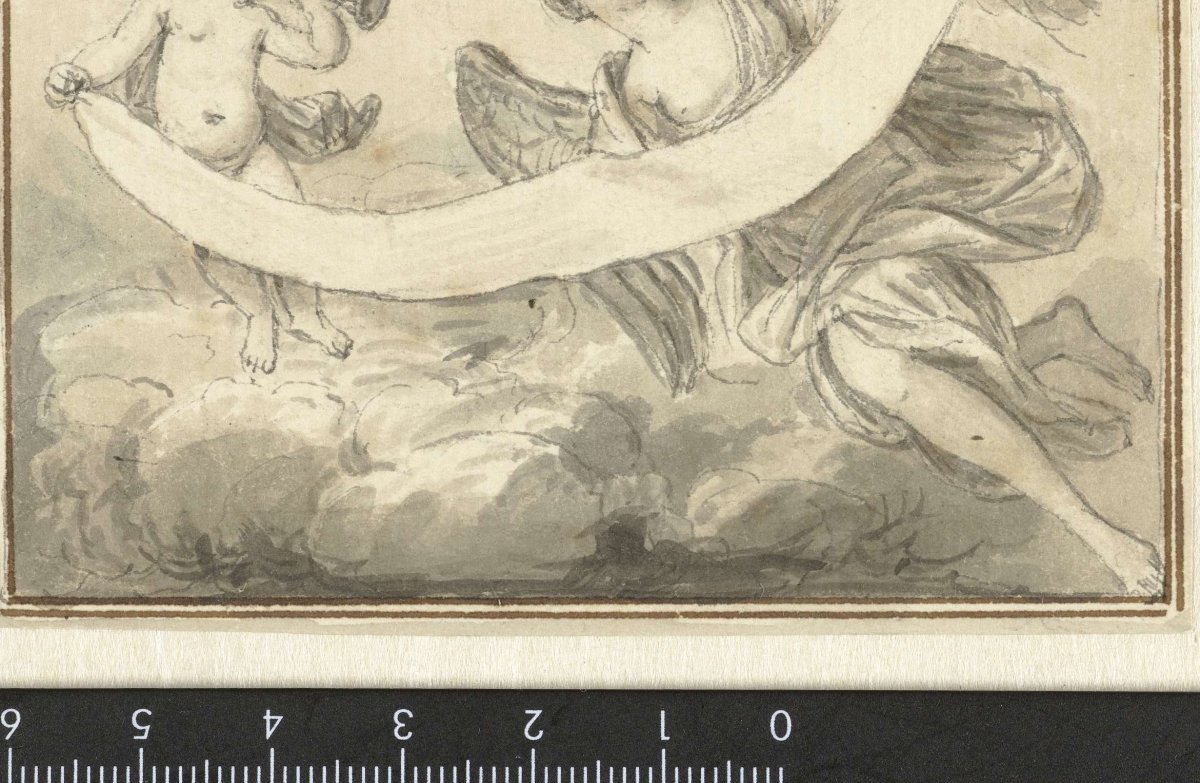 Design for vignette with floating Fame and angel with banderole, Louis Fabritius Dubourg, c. 1703 - c. 1775