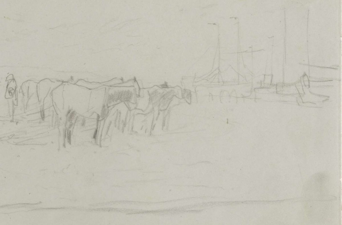 Beach with horses and barges, Anton Mauve, 1848 - 1888