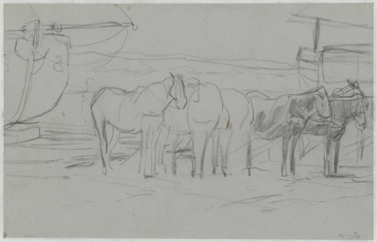 Waiting horses near bomb barges on the beach, Anton Mauve, 1848 - 1888