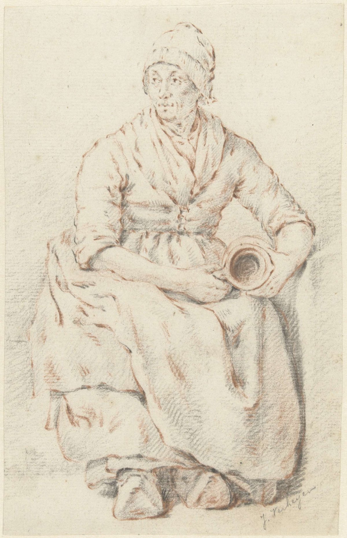 Seated old woman wearing clogs and holding a jug on her lap, Jan Hendrik Verheijen, 1788 - 1846