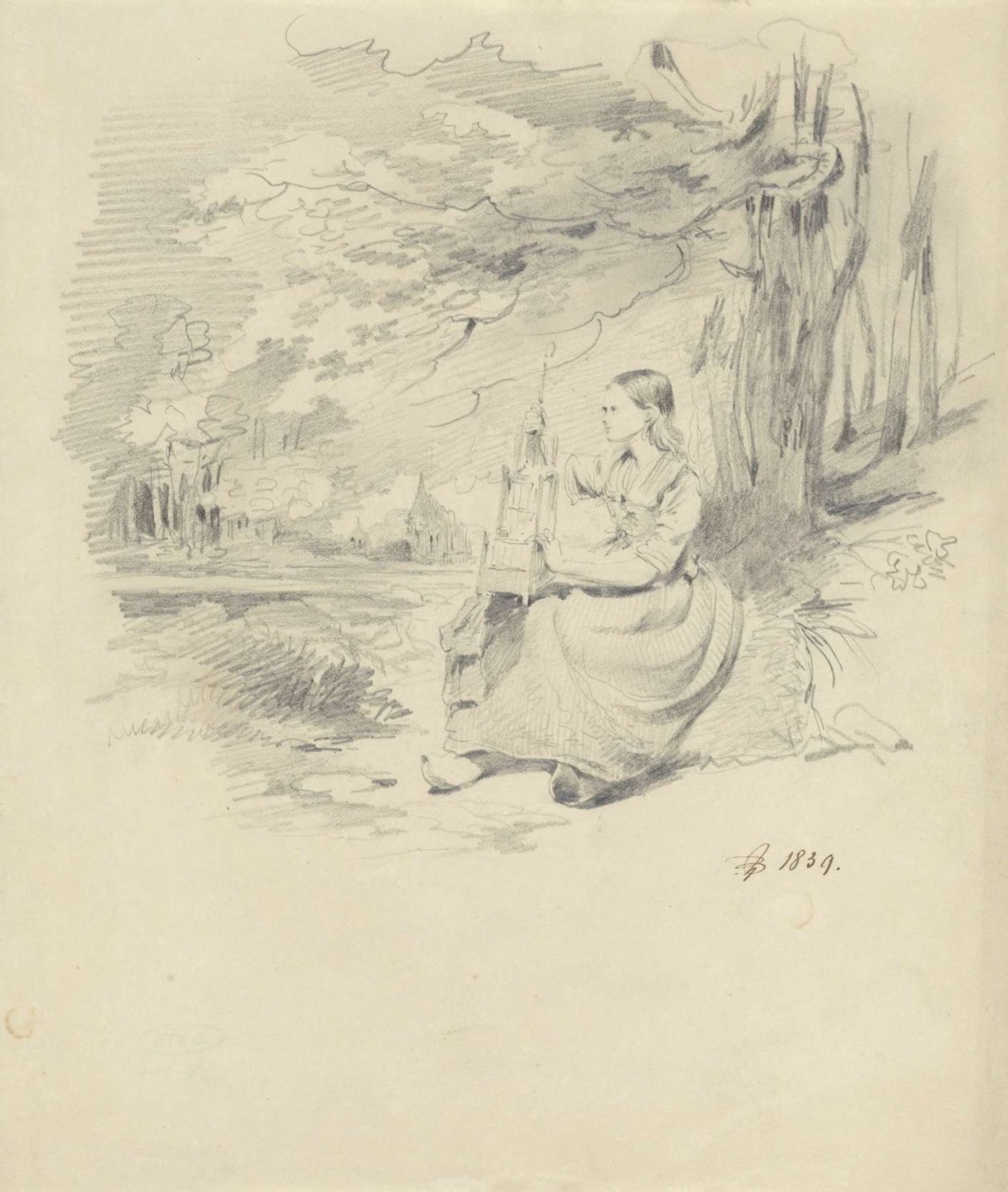 Girl with birdcage, sitting in a landscape, Pieter van Loon, 1839