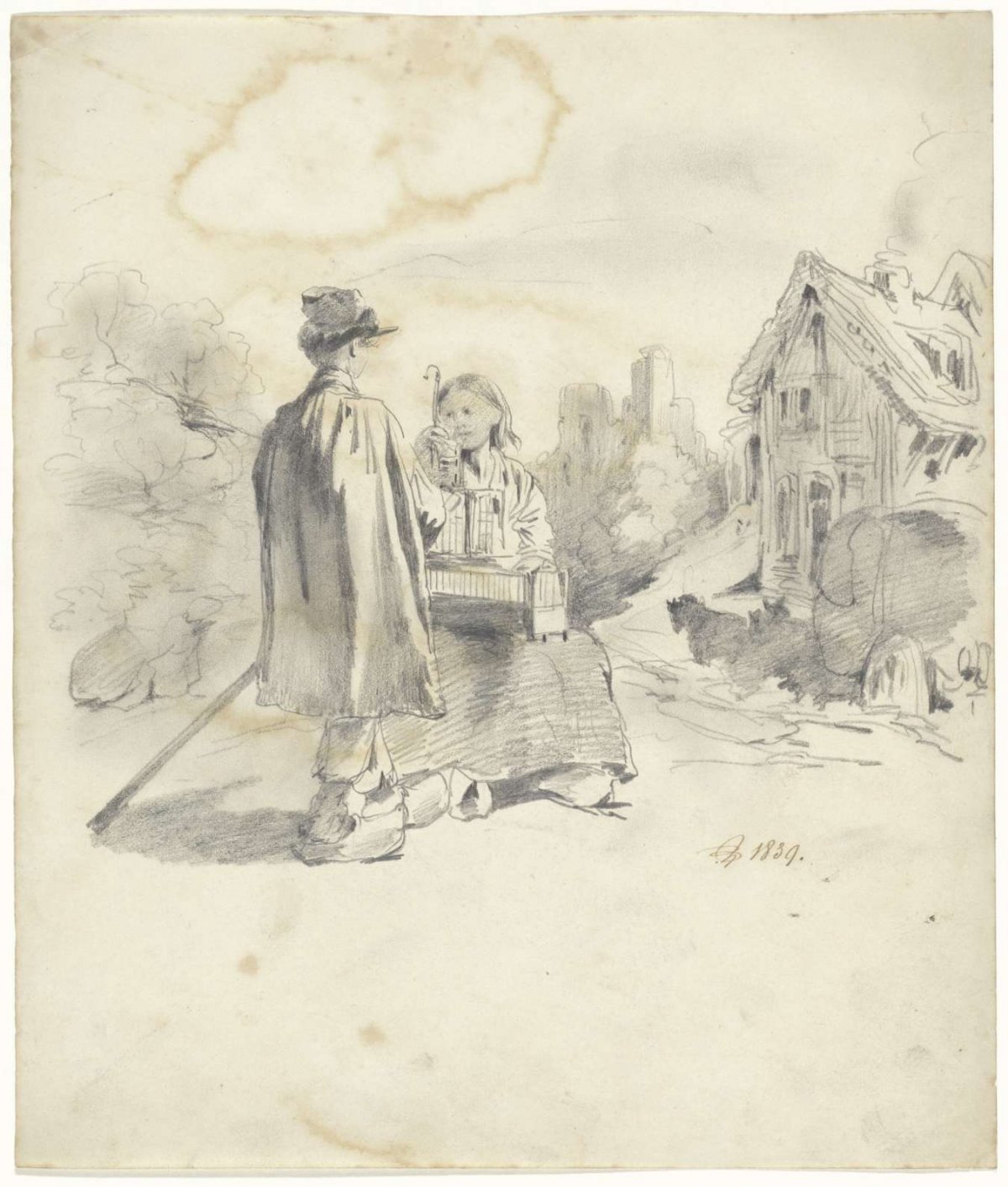 Standing boy near seated woman in landscape, Pieter van Loon, 1839