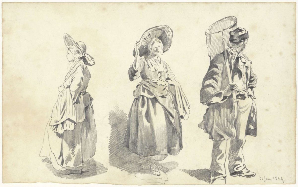 Studies of woman with large hat and standing fisherman, Pieter van Loon, 1839