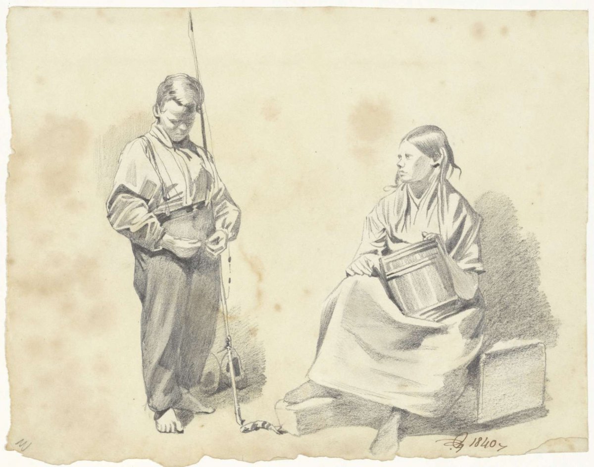 Standing boy with fishing rod and seated woman with barrel, Pieter van Loon, 1840