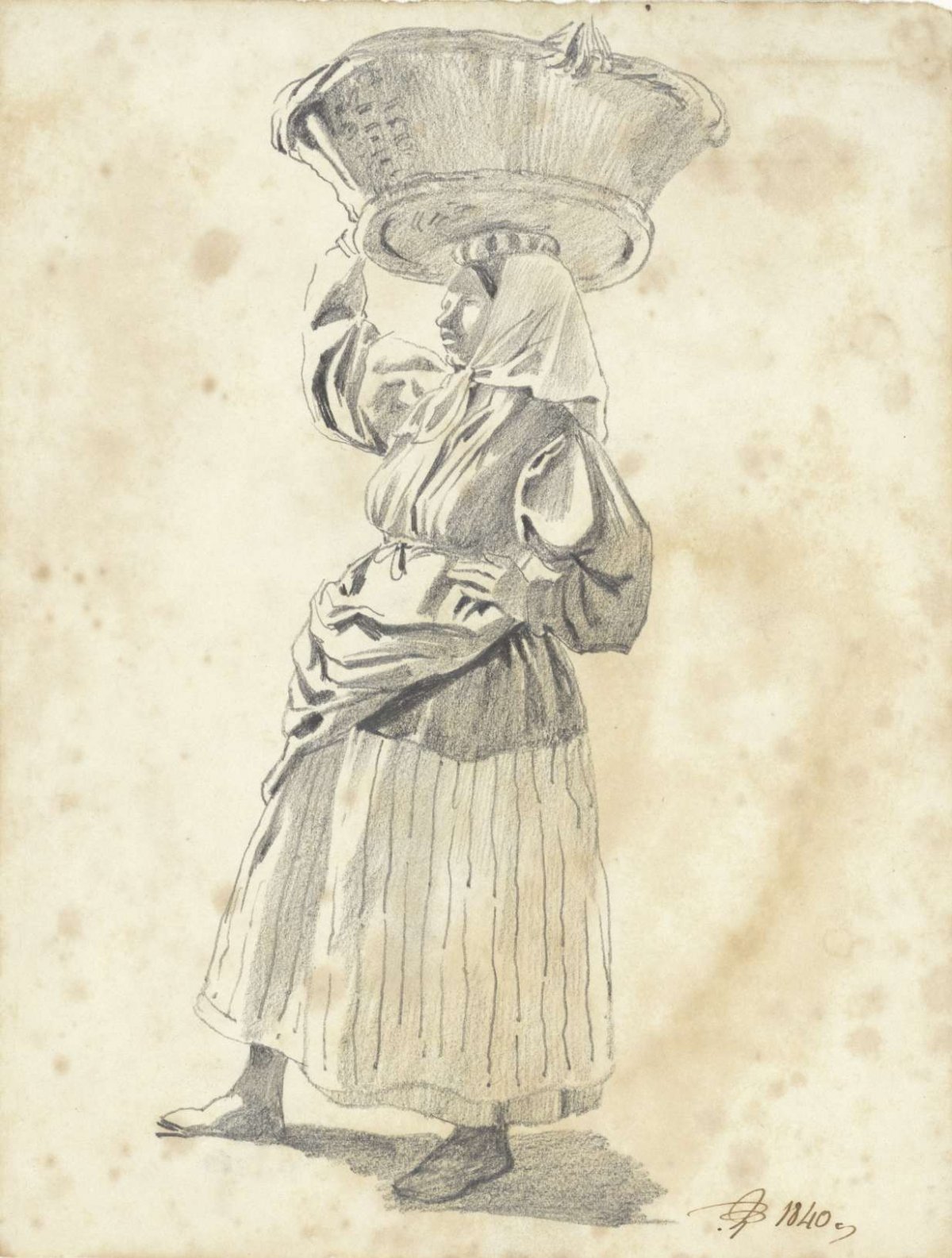 Standing woman with basket on head, to left, Pieter van Loon, 1840