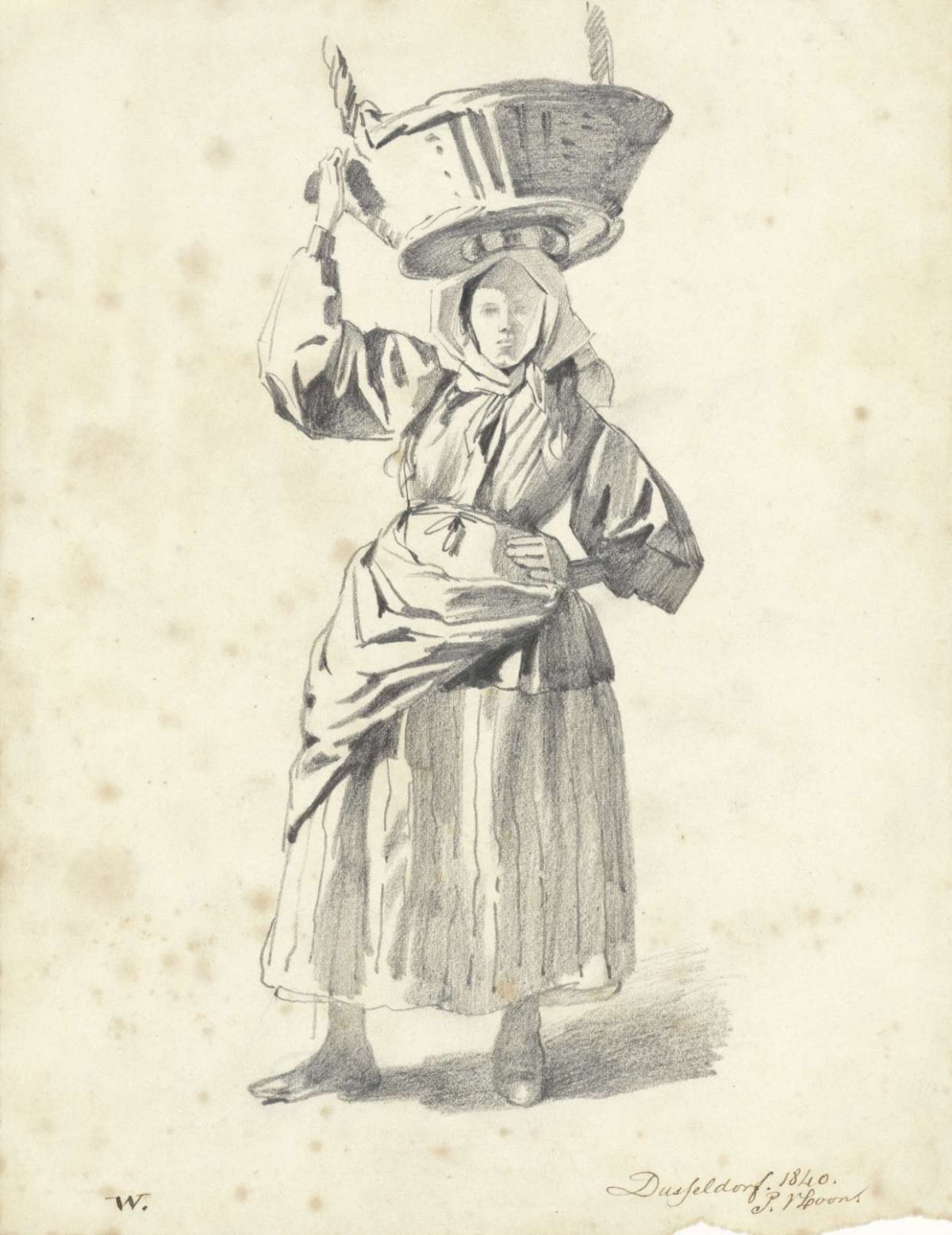 Standing woman with basket on head, from front, Pieter van Loon, 1840