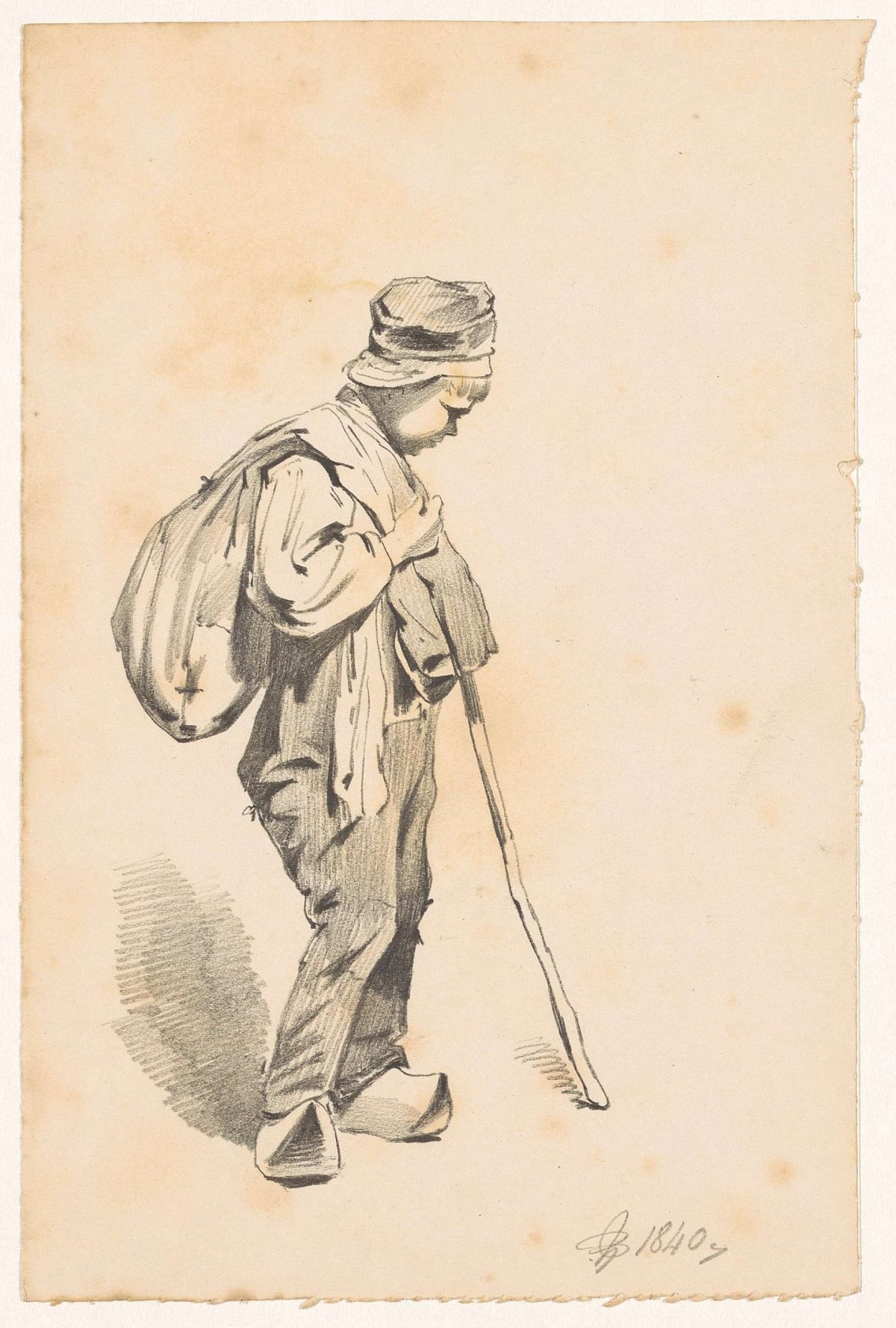 Standing boy with a stick and a bag over the shoulder, Pieter van Loon, 1840