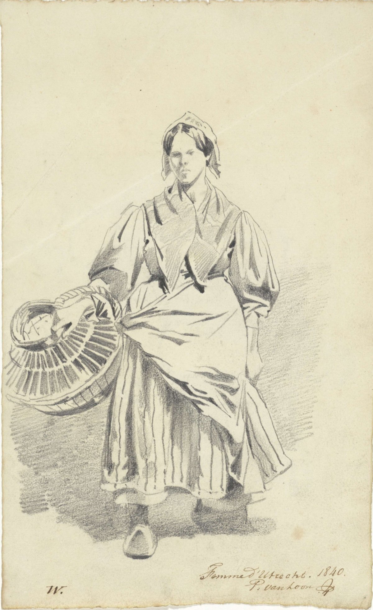 Standing woman with basket, seen from the front, Pieter van Loon, 1840