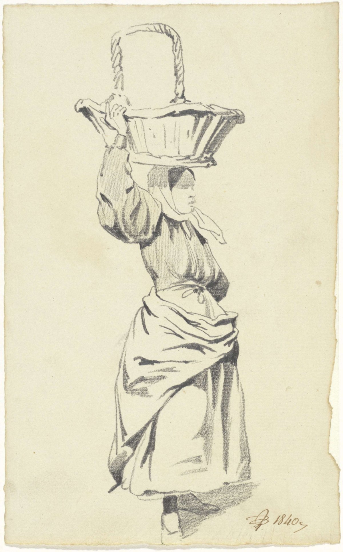 Standing woman with basket on head, Pieter van Loon, 1840
