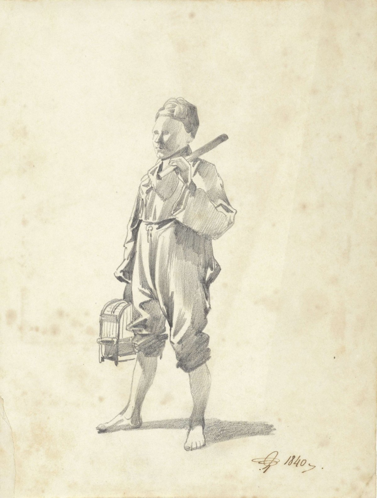 Boy with a birdcage, to the left, Pieter van Loon, 1840