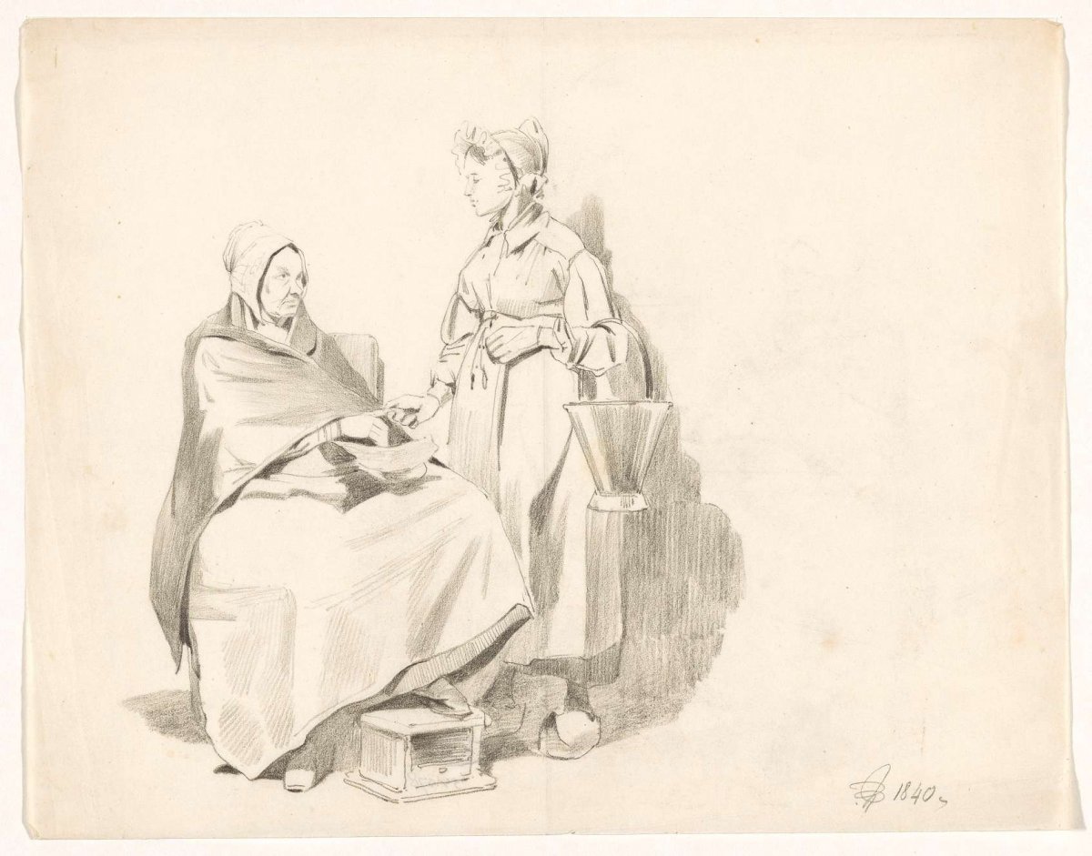 Standing young woman near seated old woman, Pieter van Loon, 1840