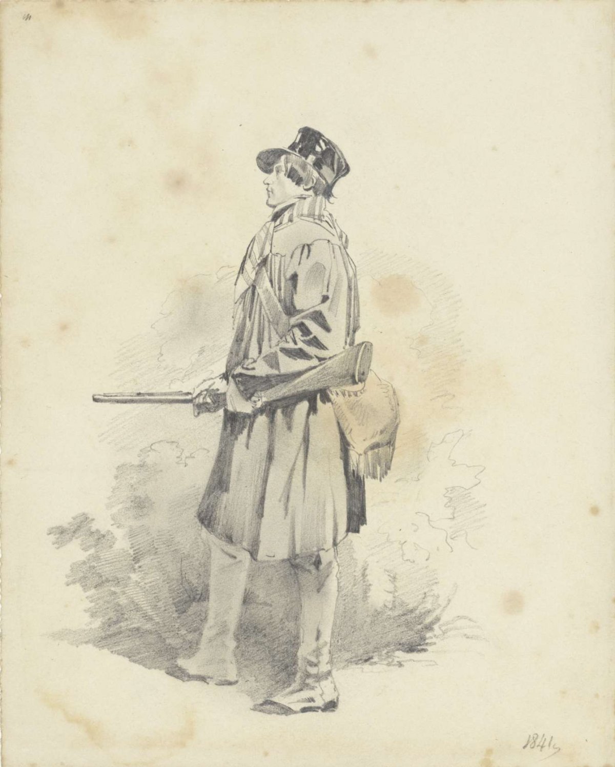 Standing man with a shotgun, Pieter van Loon, 1841