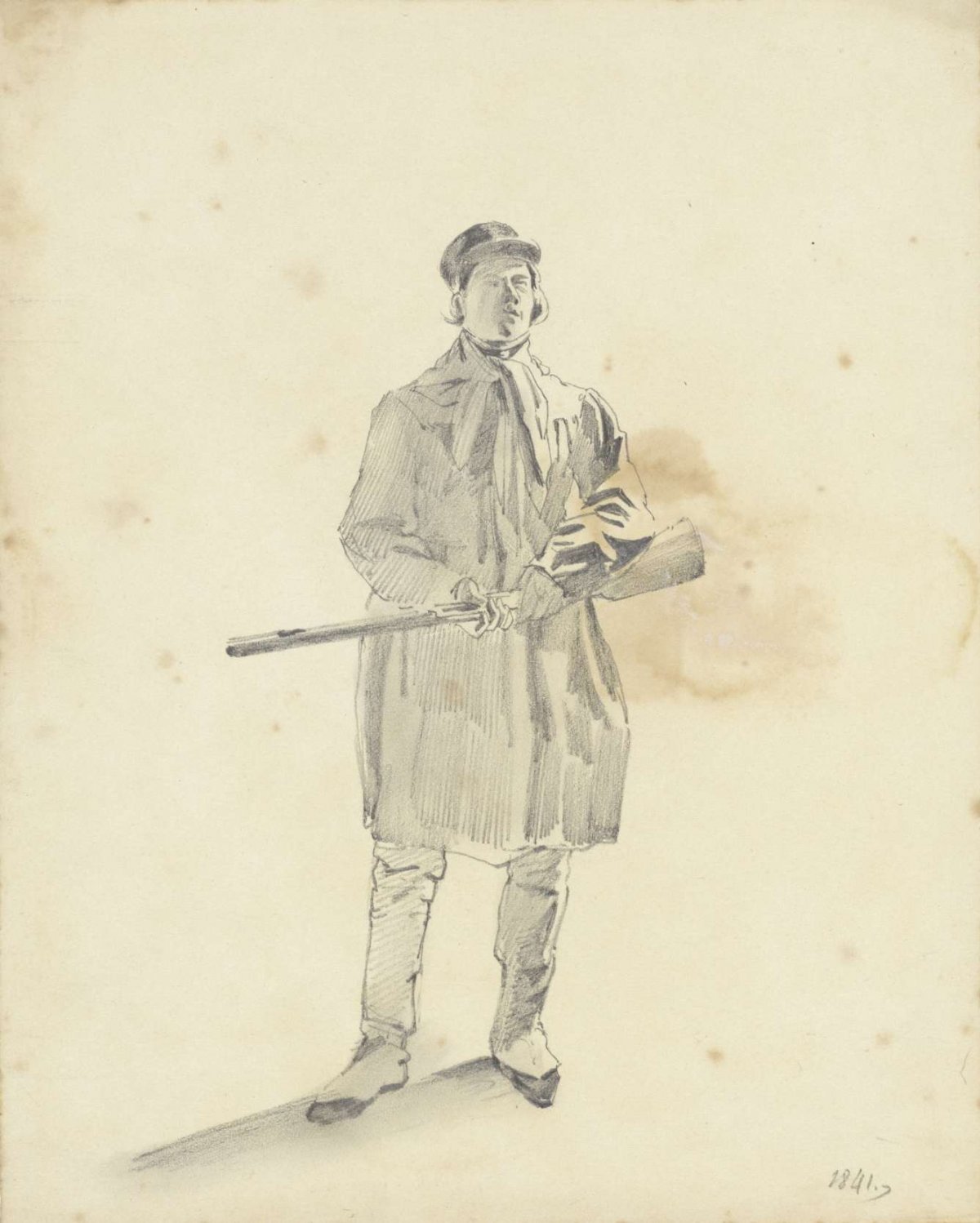 Standing man with a shotgun, Pieter van Loon, 1841