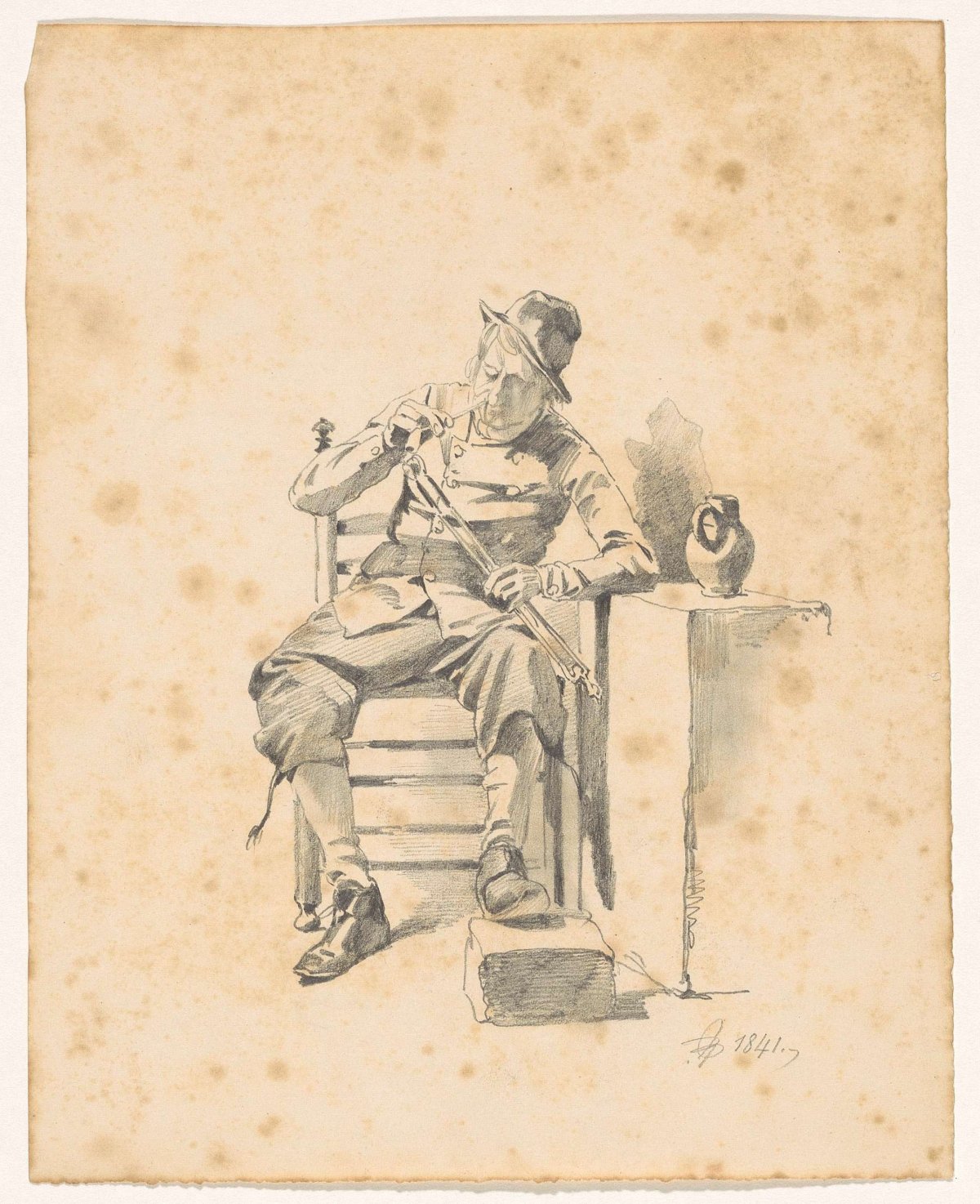 Seated man lighting his pipe, Pieter van Loon, 1841