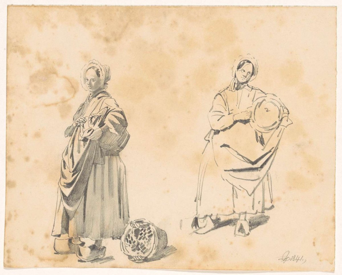 Two studies of a standing woman with basket, Pieter van Loon, 1841