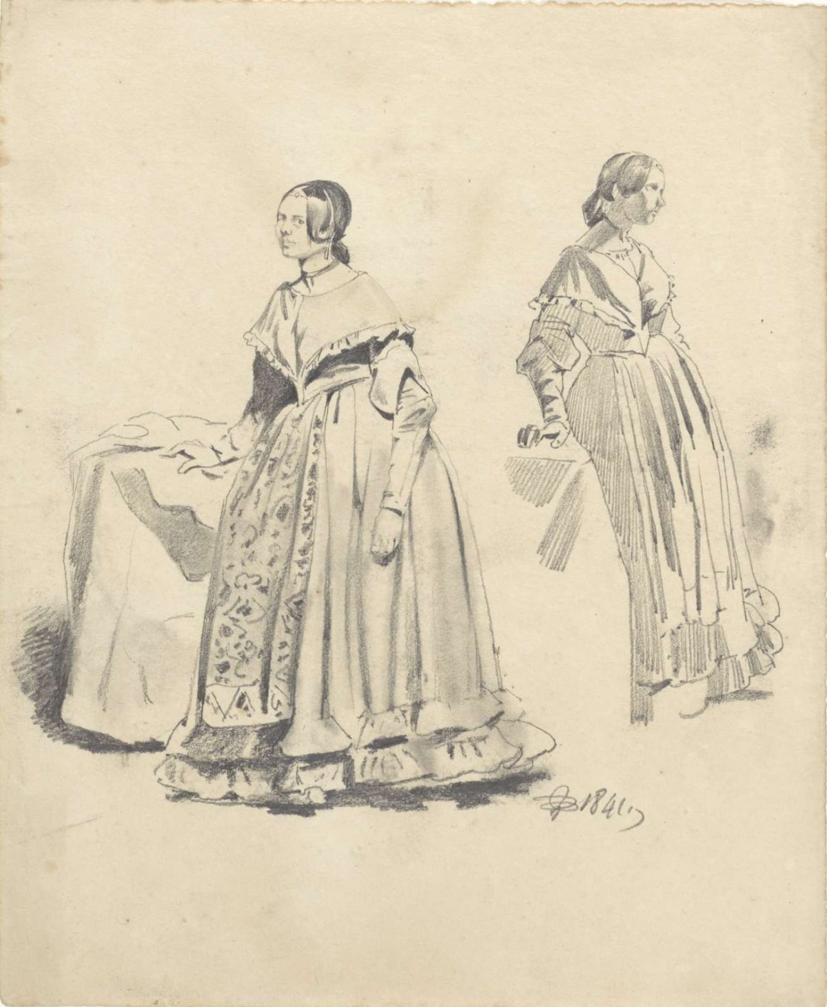 Two studies of a woman standing at a table, Pieter van Loon, 1841