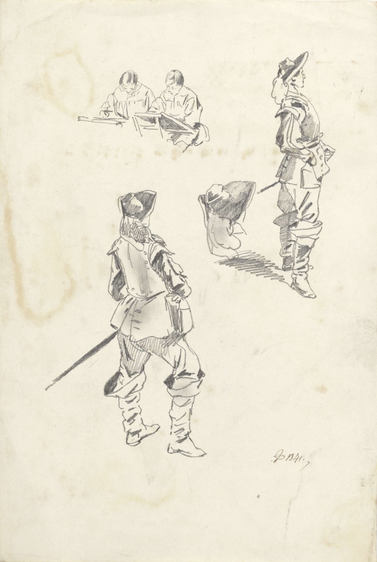 Studies of a soldier and a man sitting behind a table, Pieter van Loon, 1841