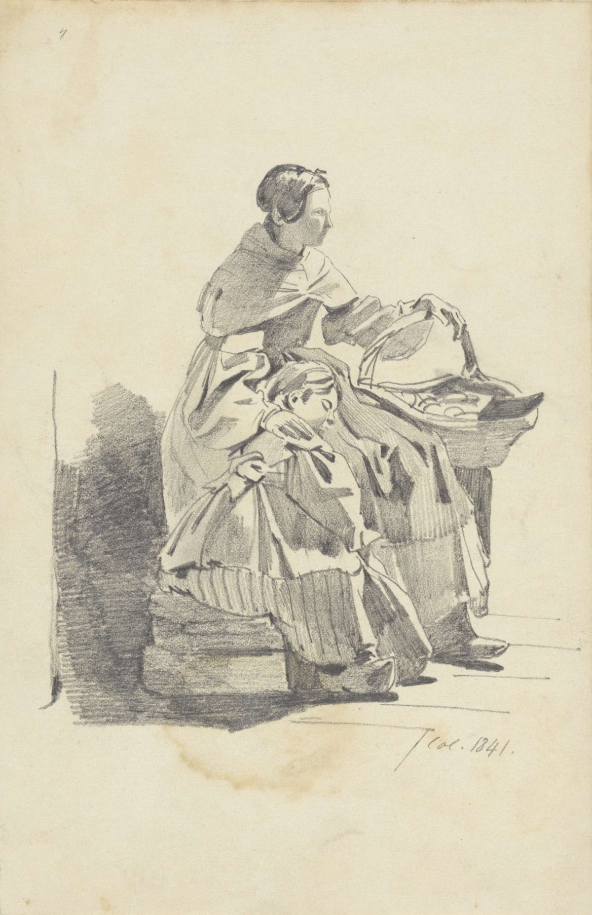 Seated woman with basket and sleeping child, Pieter van Loon, 1841