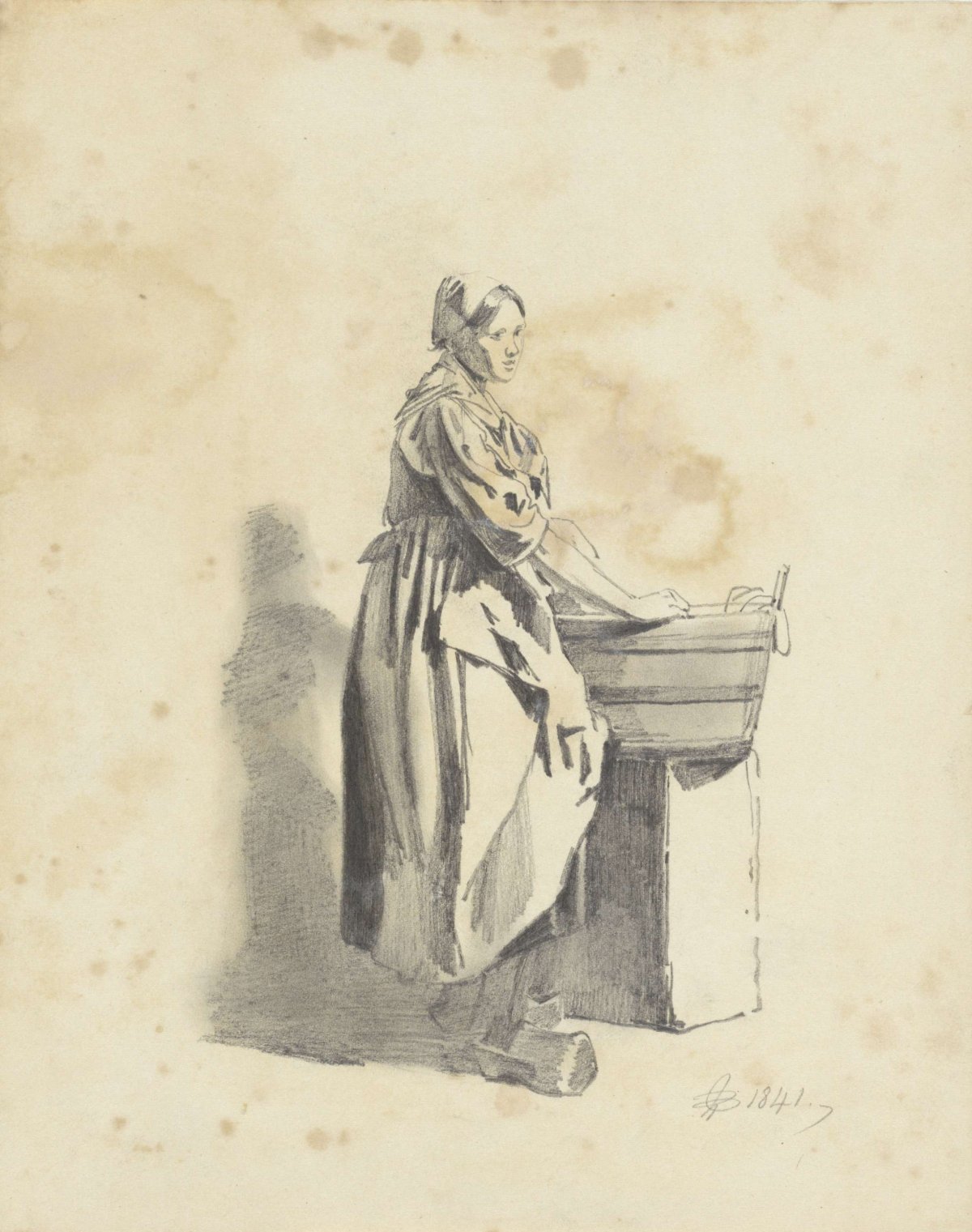 Woman standing by washtub, Pieter van Loon, 1841