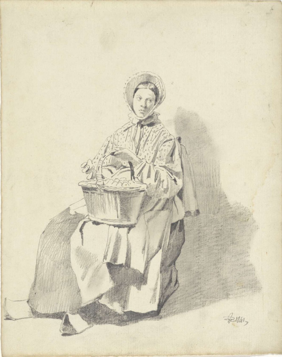 Seated woman with a basket on her lap, Pieter van Loon, 1841