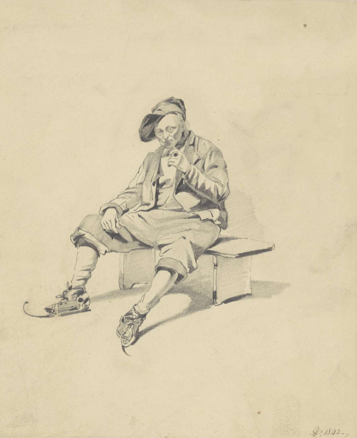 Seated skater, smoking a pipe, Pieter van Loon, 1842
